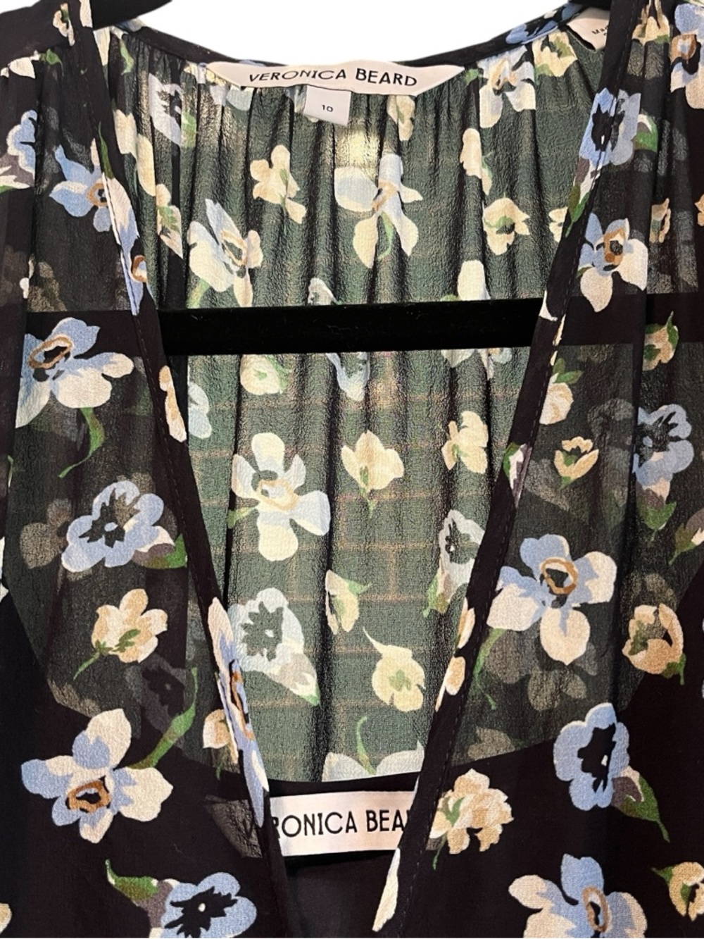 Veronica Beard Alec Silk Blouse 10 Black Floral Sheer V Neck Top - Picture 5 of 13